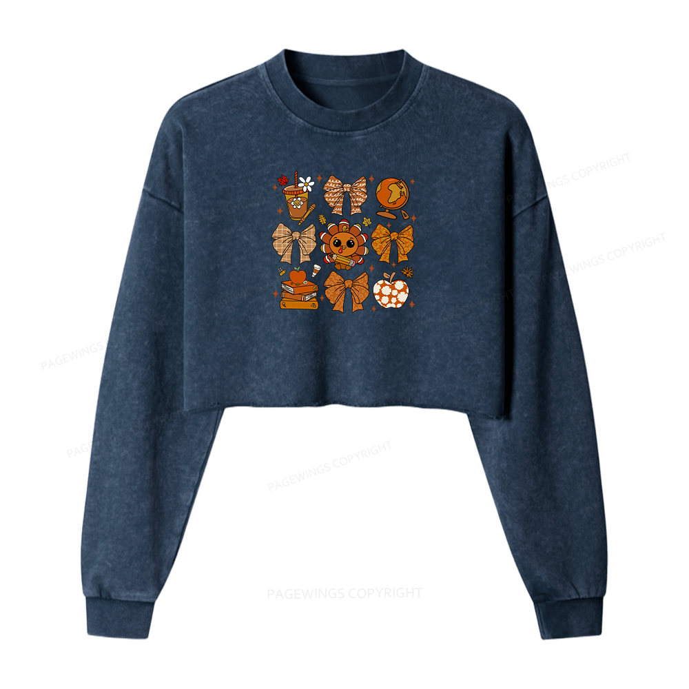 Pagewings Thanksgiving Fall Autumn Women Washed Crop Sweatshirt