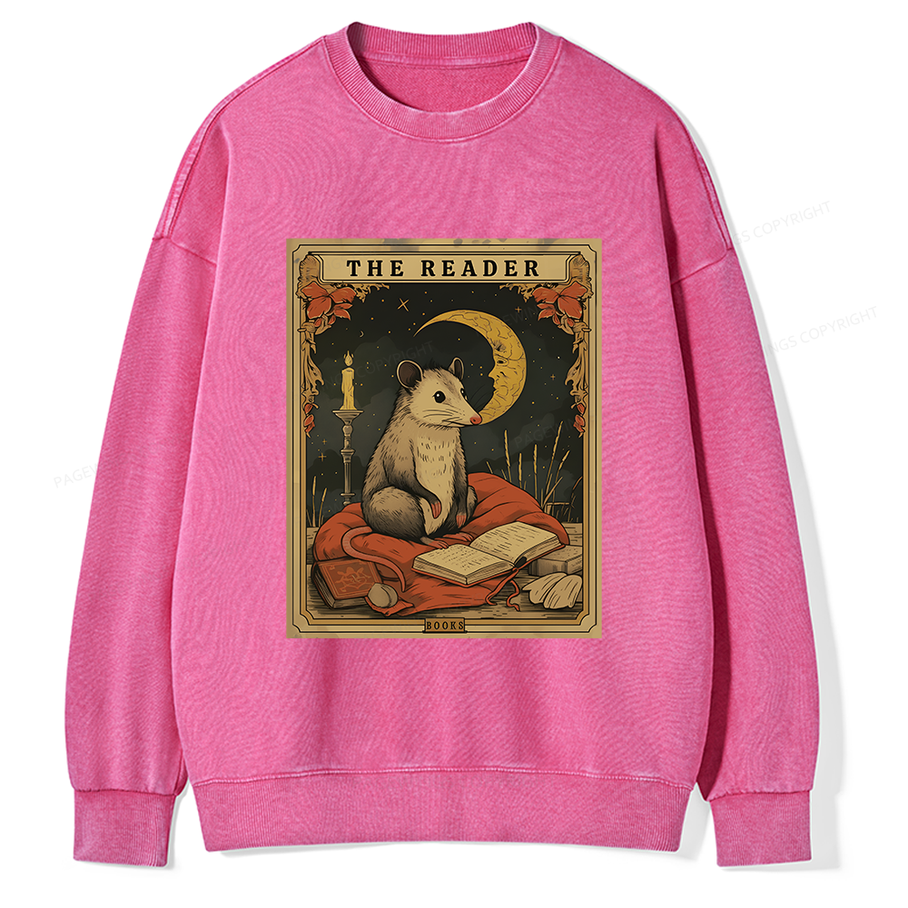 Pagewings The Reader Opossum Tarot Card Unisex Washed Sweatshirt