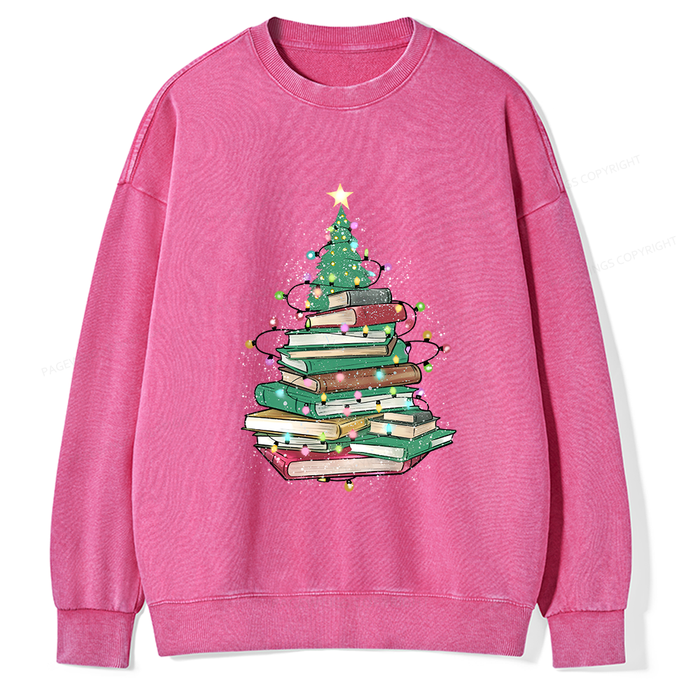 Pagewings Christmas Book Tree Unisex Washed Sweatshirt