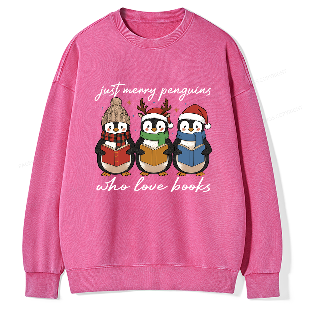 Pagewings Just Merry Penguins Who Love Books Unisex Washed Sweatshirt
