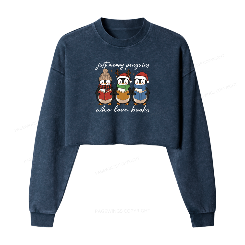 Pagewings Just Merry Penguins Who Love Books Women Washed Crop Sweatshirt