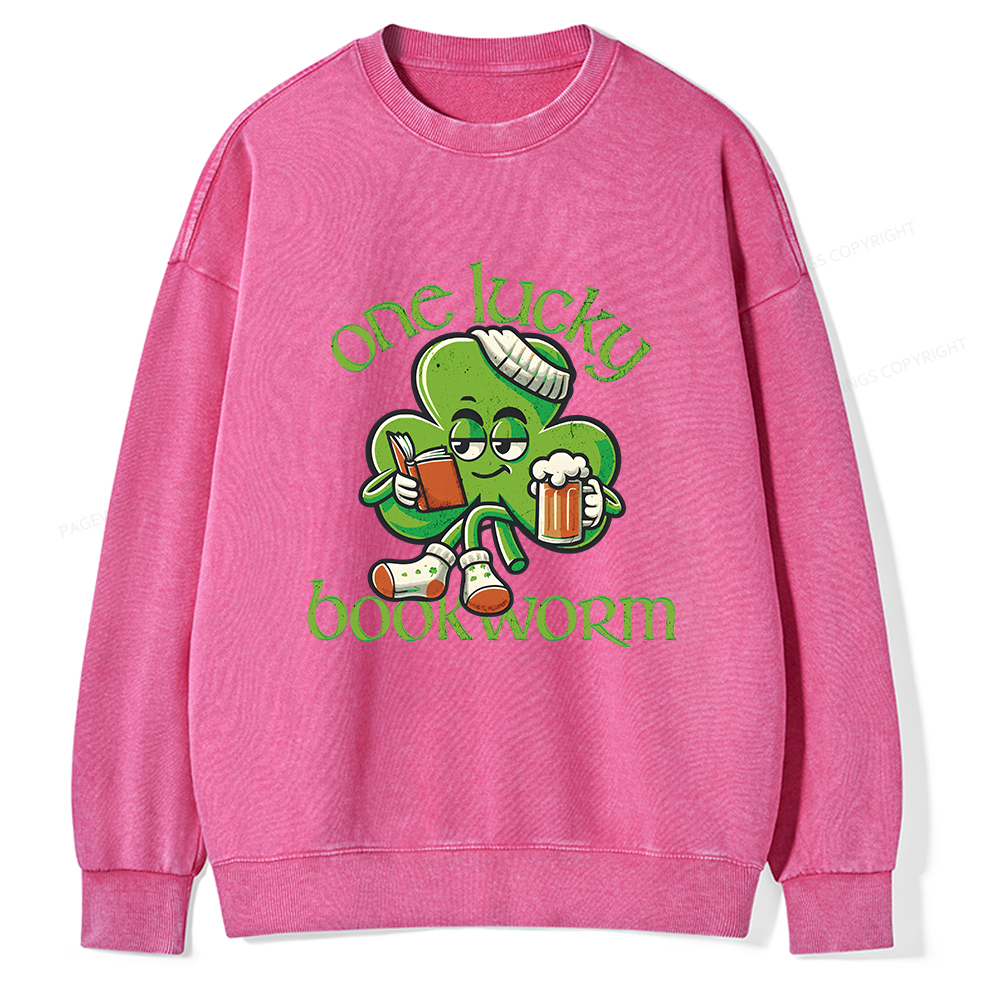 Pagewings  Lucky Book worm Shirt St. Patrick Day outfit Unisex Washed Sweatshirt
