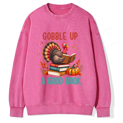 Pagewings Thanksgiving Turkey Reading Unisex Washed Sweatshirt