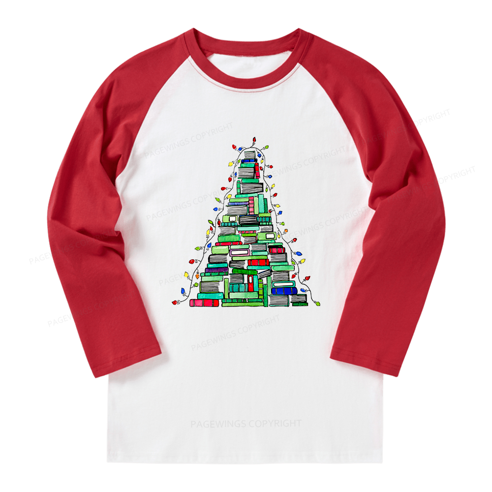 Pagewings Christmas Book Tree Long Sleeve Raglan T-shirt