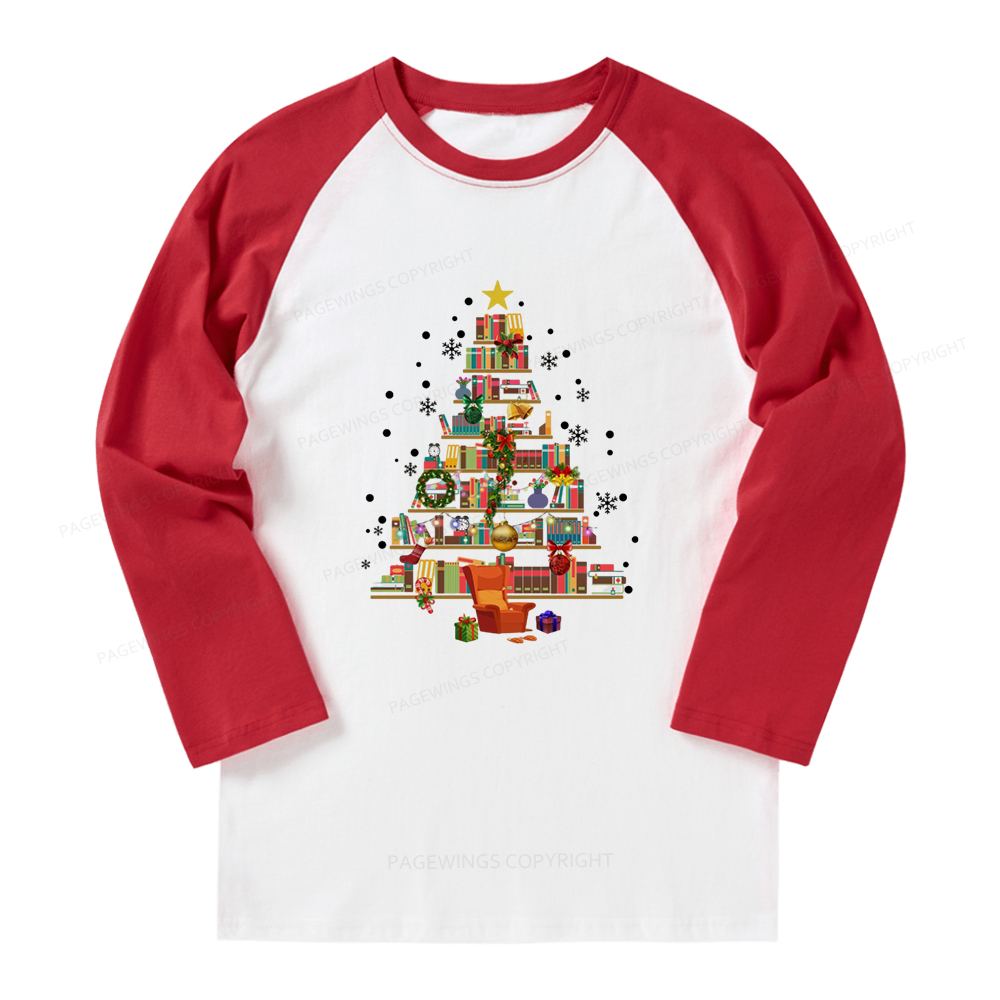 Pagewings Christmas Tree Made Of Books Long Sleeve Raglan T-shirt