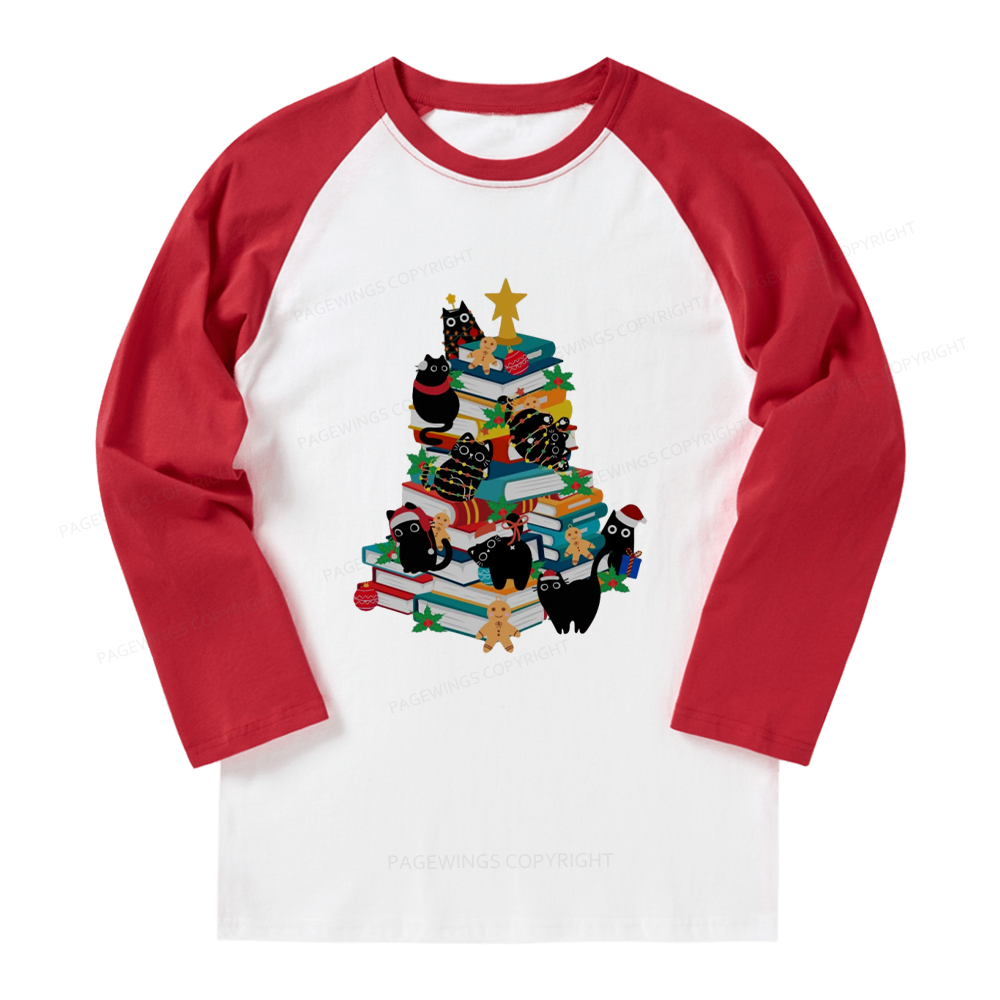Pagewings Cute Cats Books Christmas Long Sleeve Raglan T-shirt