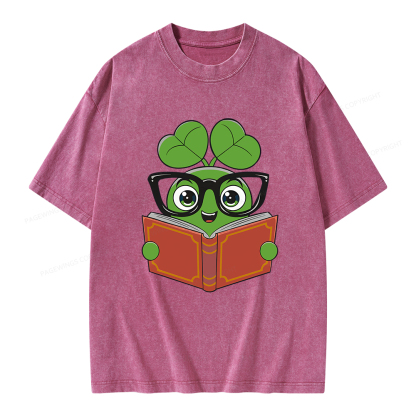 Pagewings Cute Reading Clover Tee Lucky Bookworm T-Shirt Unisex Washed T-shirt
