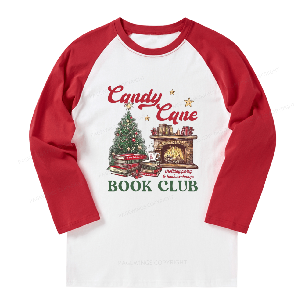 Pagewings Candy Cane Christmas Book Club Long Sleeve Raglan T-shirt