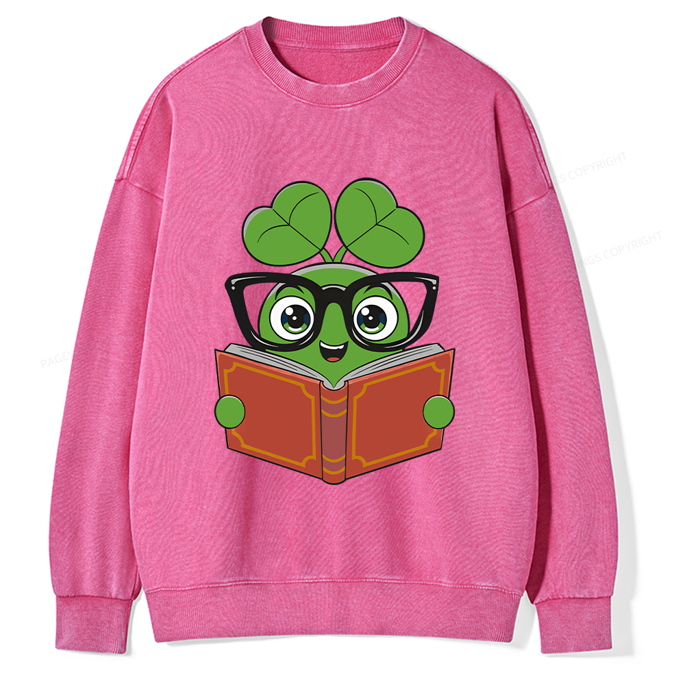  Pagewings Cute Reading Clover Tee Lucky Bookworm T-Shirt Unisex Washed Sweatshirt