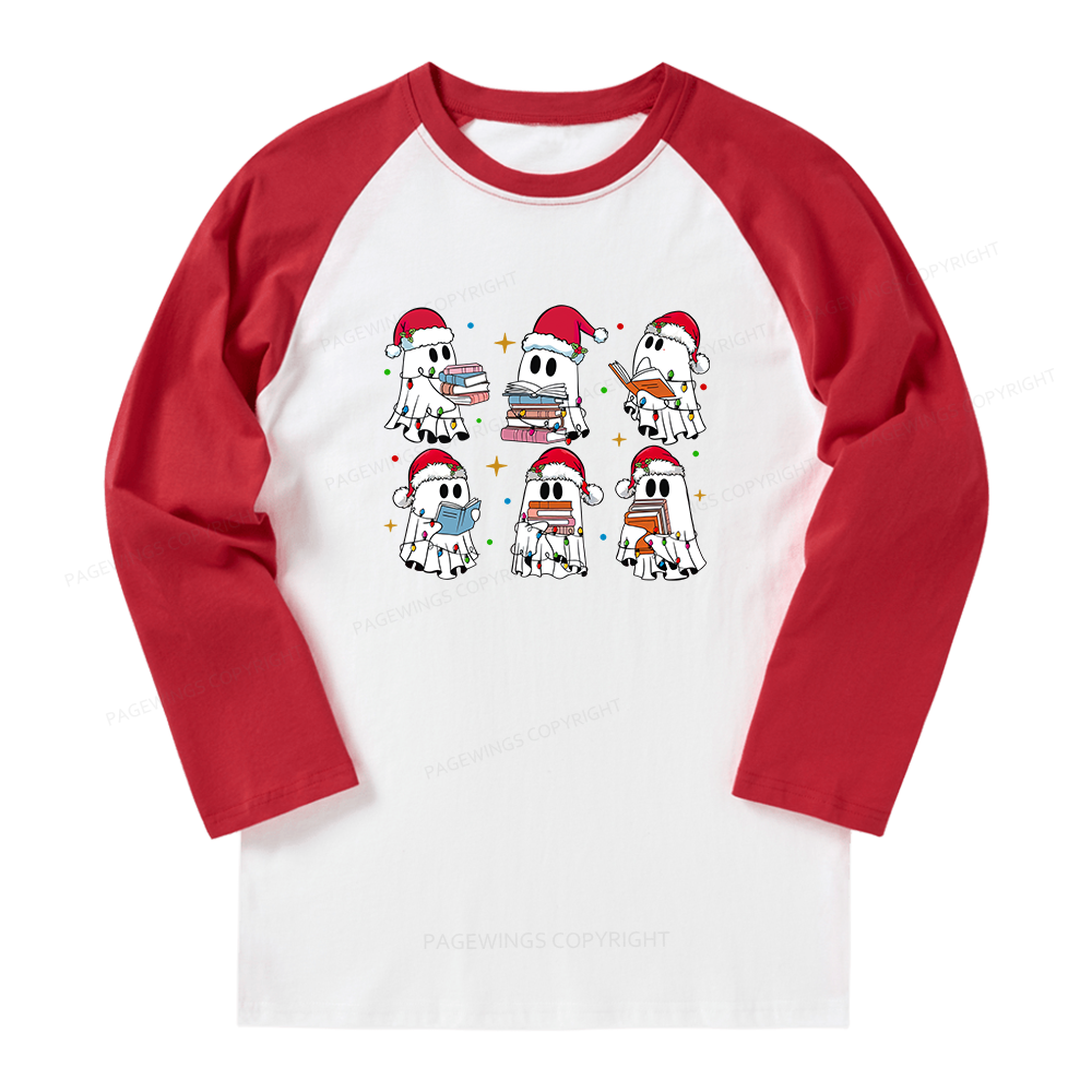 Pagewings Christmas Book Ghost Long Sleeve Raglan T-shirt