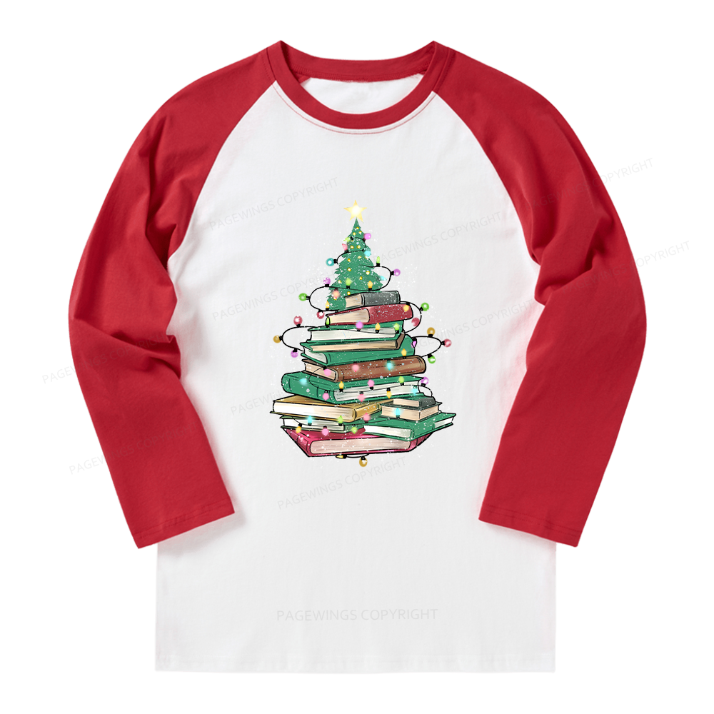 Pagewings Christmas Book Tree Long Sleeve Raglan T-shirt