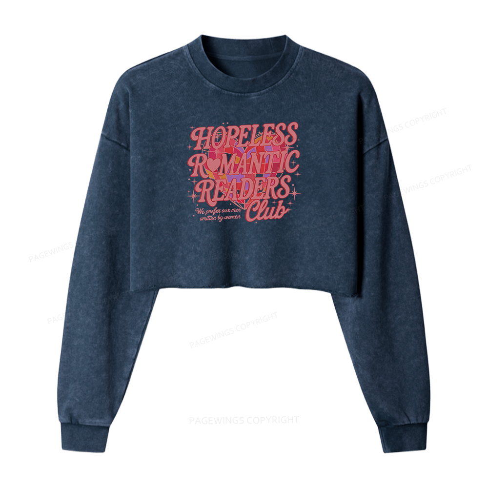 Pagewings Hopeless Romantic Readers Club Women Washed Crop Sweatshirt