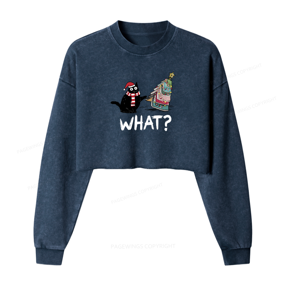 Pagewings Funny Cat Christmas Women Washed Crop Sweatshirt