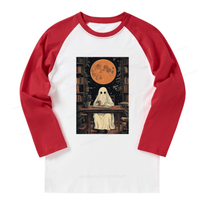 Pagewings Halloween Ghost Books Coffee  Long Sleeve Raglan T-shirt