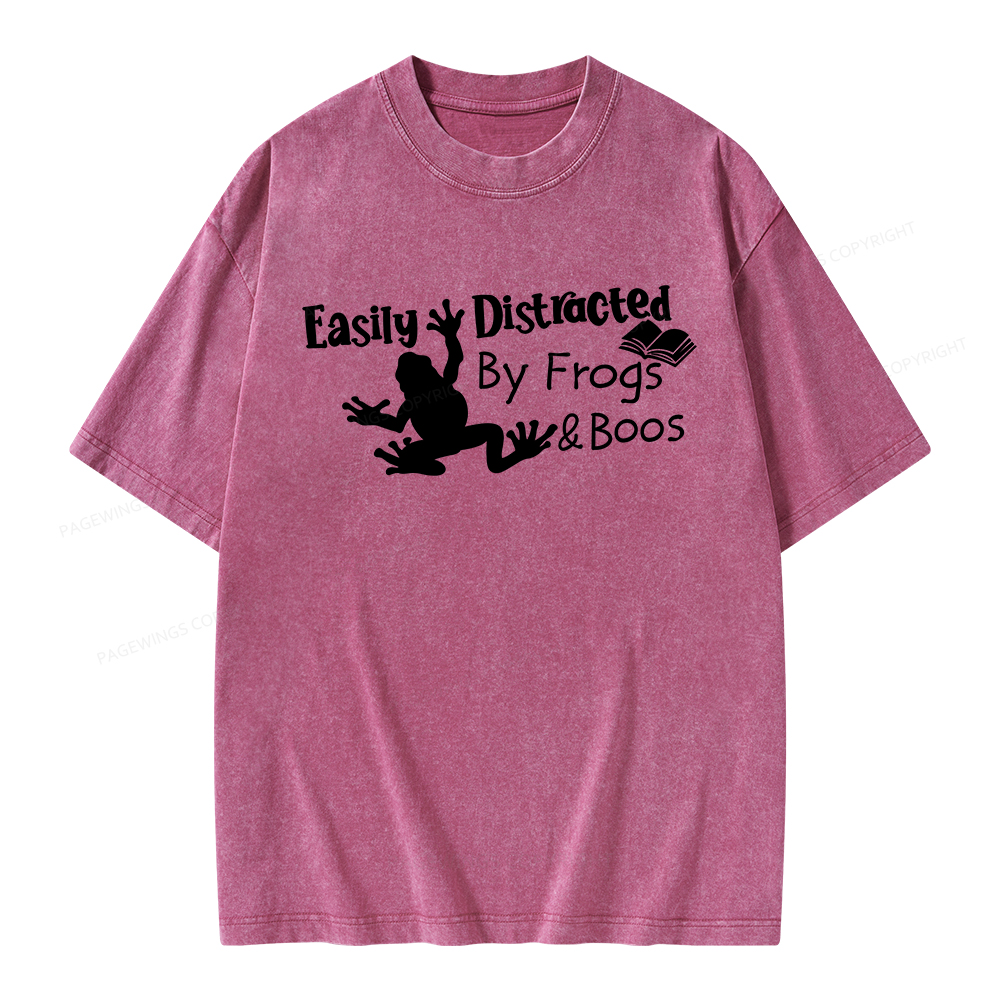 Pagewings Easily Distracted by Frogs& books Unisex Washed T-shirt