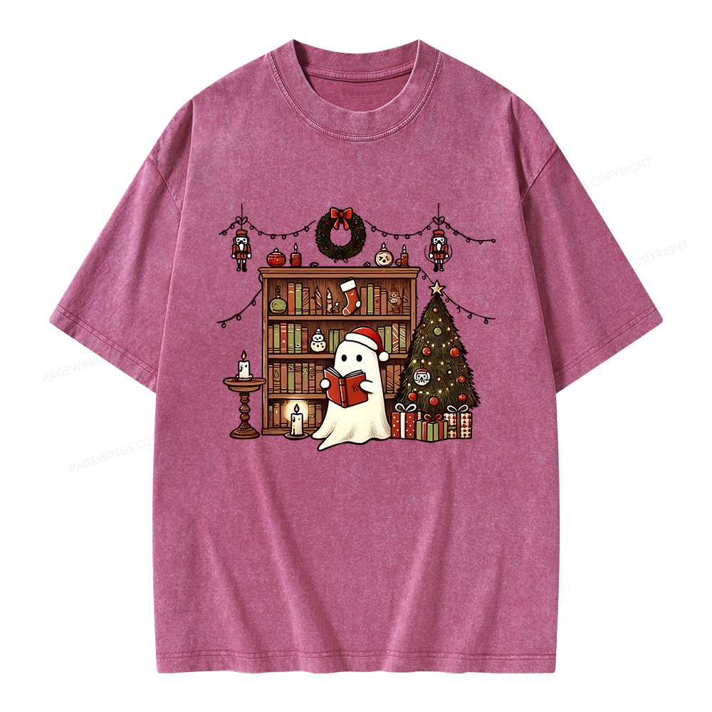 Pagewings Christmas Ghost Book Unisex Washed T-shirt