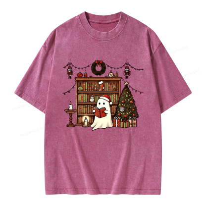 Pagewings Christmas Ghost Book Unisex Washed T-shirt