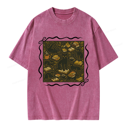 Pagewings Cats And Books Unisex Washed T-shirt