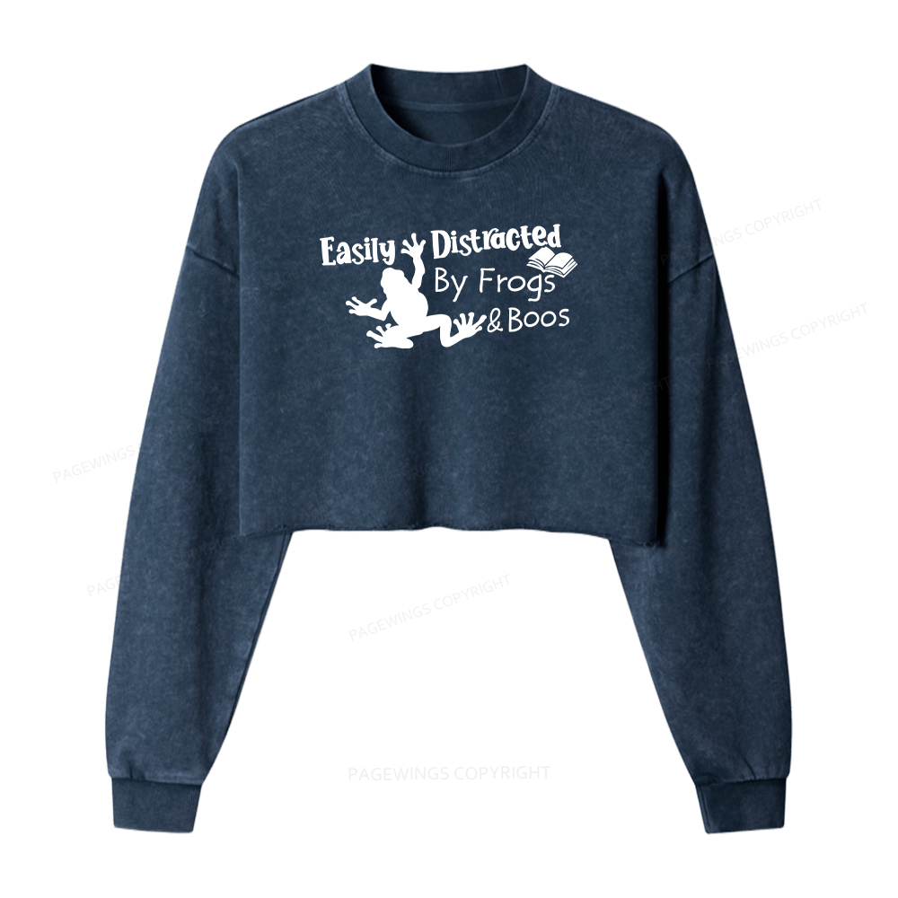 Pagewings Easily Distracted by Frogs& books Women Washed Crop Sweatshirt