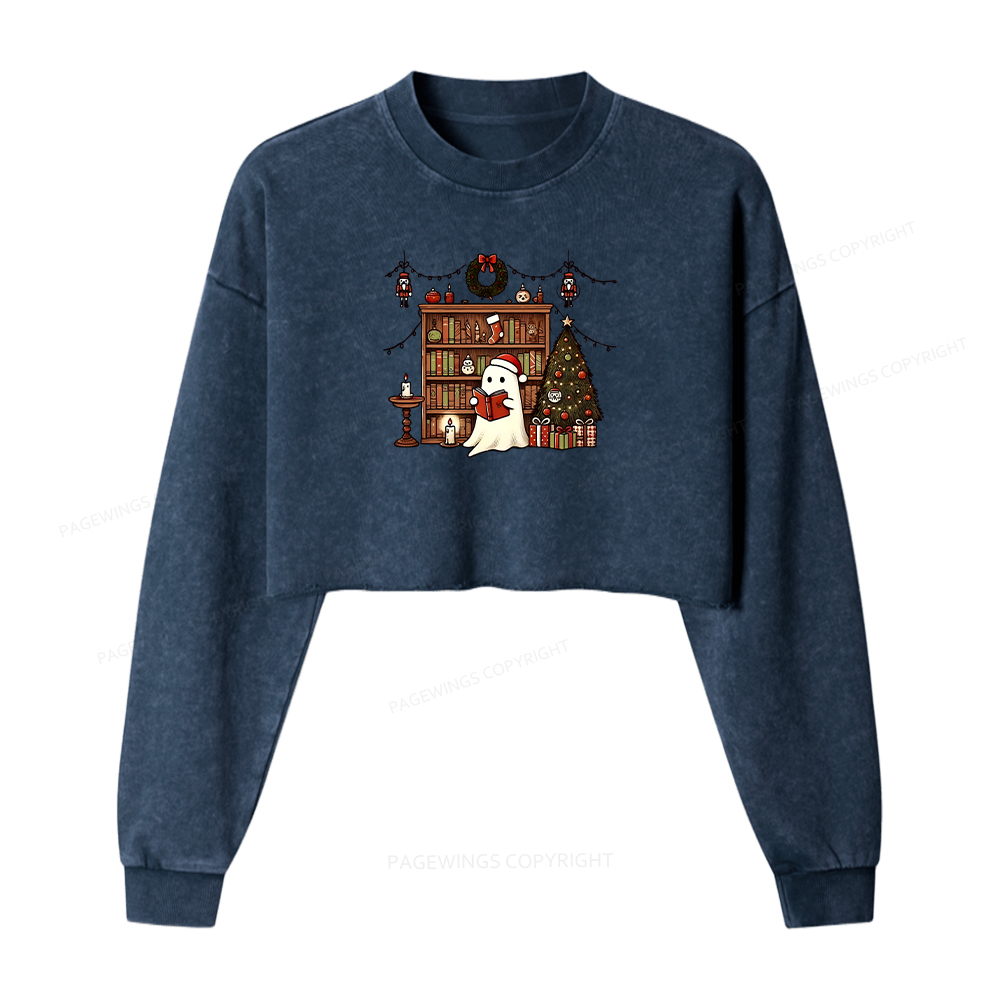 Pagewings Christmas Ghost Book Women Washed Crop Sweatshirt