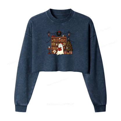Pagewings Christmas Ghost Book Women Washed Crop Sweatshirt