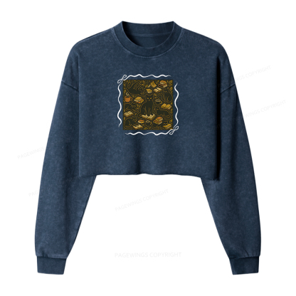 Pagewings Cats And Books Women Washed Crop Sweatshirt