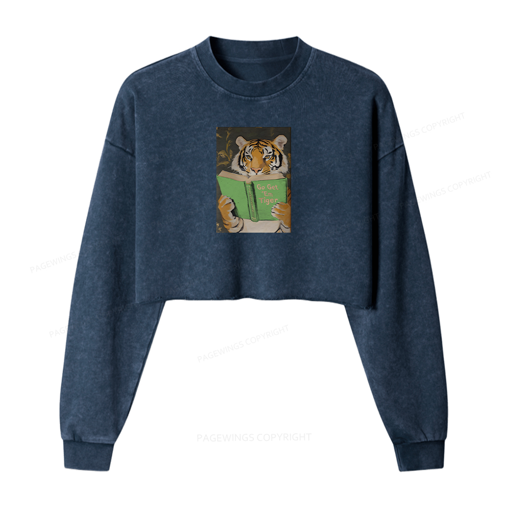 Pagewings Motivational Tiger Reading Women Washed Crop Sweatshirt