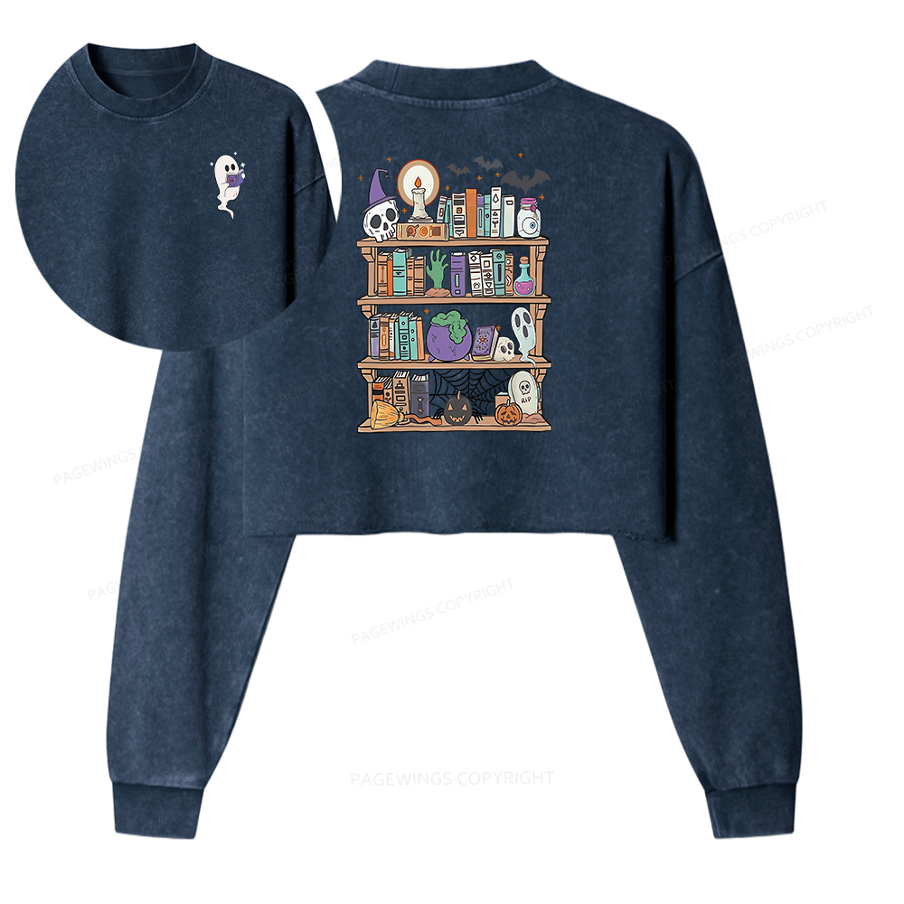 Pagewings Ghost Book Reader Halloween Women Washed Crop Sweatshirt