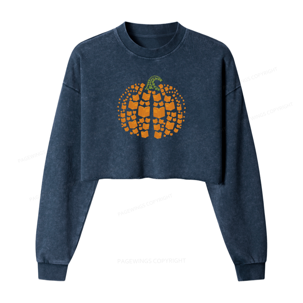 Pagewings Thanksgiving Book Pumpkin Women Washed Crop Sweatshirt