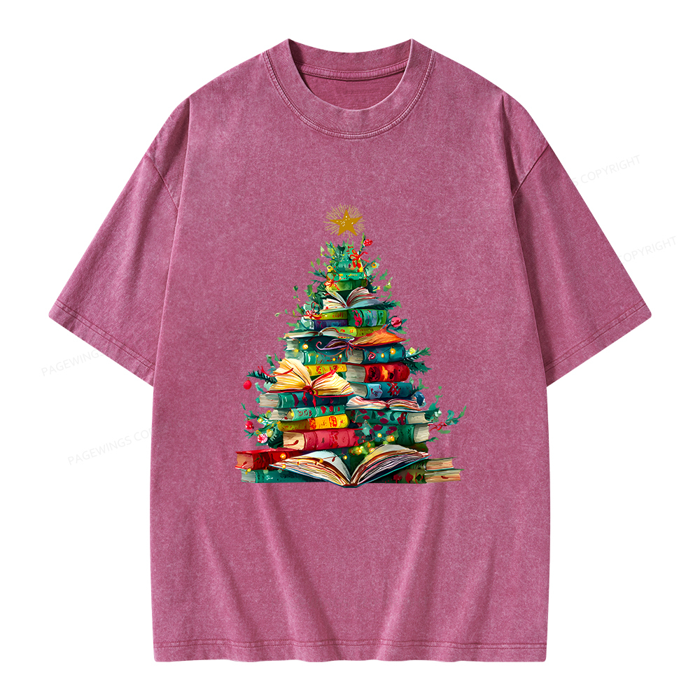 Pagewings Christmas Book Tree Unisex Washed T-shirt