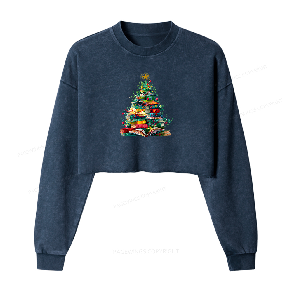 Pagewings Christmas Book Tree Women Washed Crop Sweatshirt