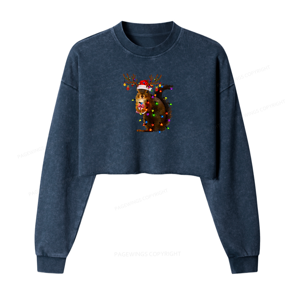 Pagewings Christmas Squirrel Lights Women Washed Crop Sweatshirt