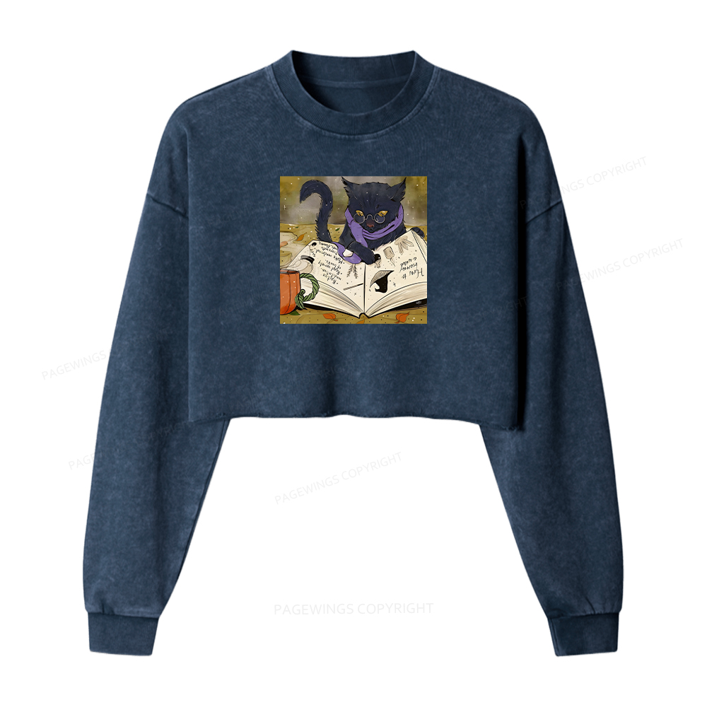 Pagewings Magic Book Lover Women Washed Crop Sweatshirt