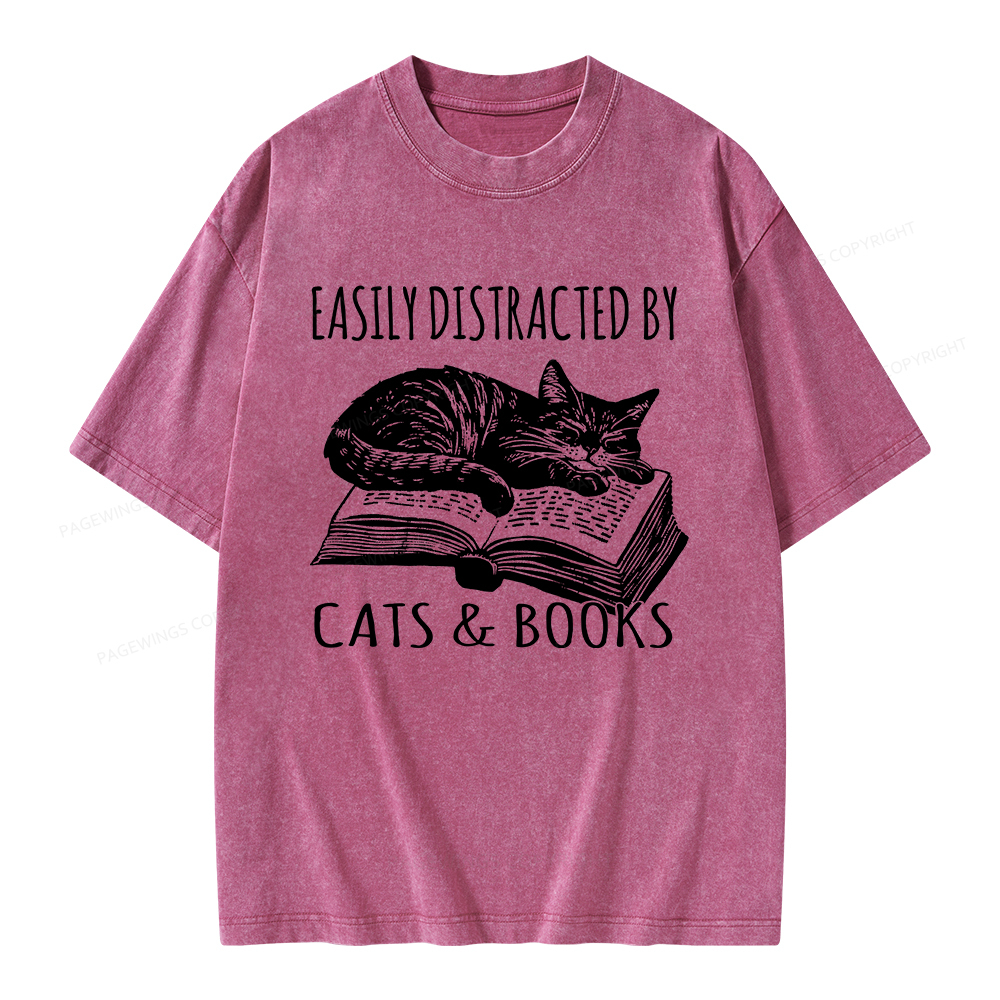 Pagewings Easily Distracted By Cats & Books Unisex Washed T-shirt