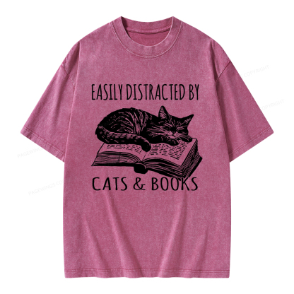 Pagewings Easily Distracted By Cats & Books Unisex Washed T-shirt