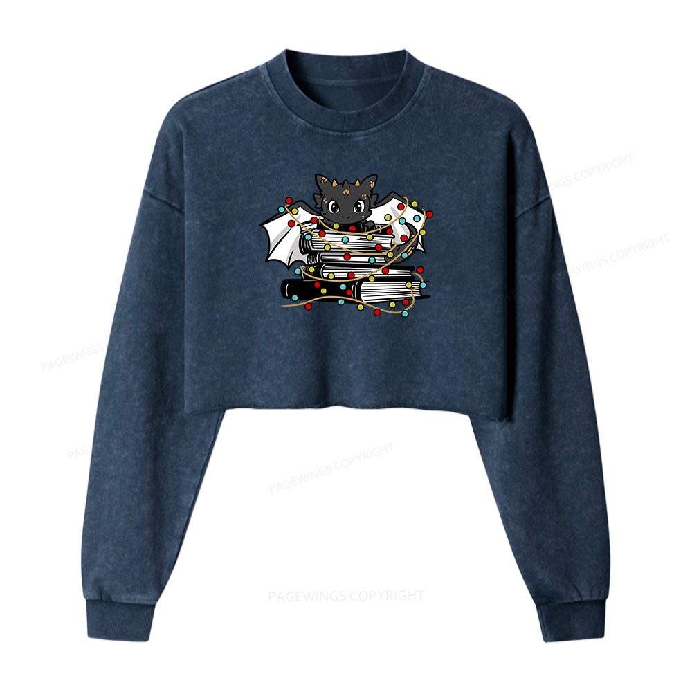 Pagewings Cute Book Dragon Holiday Women Washed Crop Sweatshirt