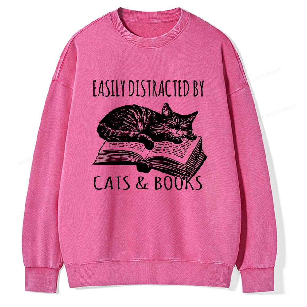 Pagewings Easily Distracted By Cats & Books Unisex Washed Sweatshirt
