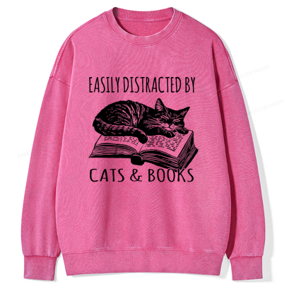 Pagewings Easily Distracted By Cats & Books Unisex Washed Sweatshirt