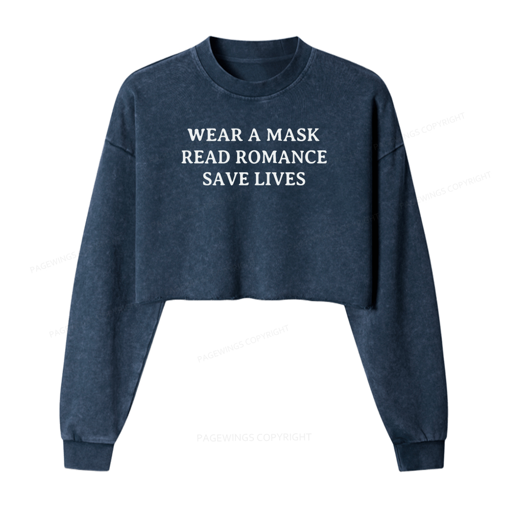 Pagewings Wear A Mask Read Romance Save Lives Women Washed Crop Sweatshirt