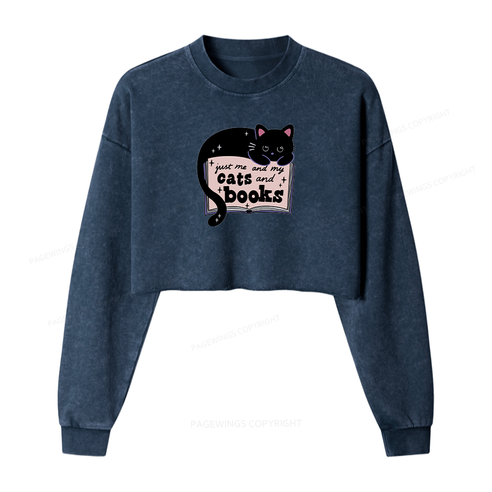 Pagewings Just me my Cats and Books Women Washed Crop Sweatshirt
