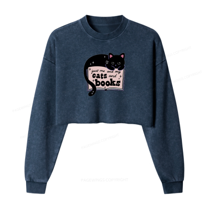 Pagewings Just me my Cats and Books Women Washed Crop Sweatshirt