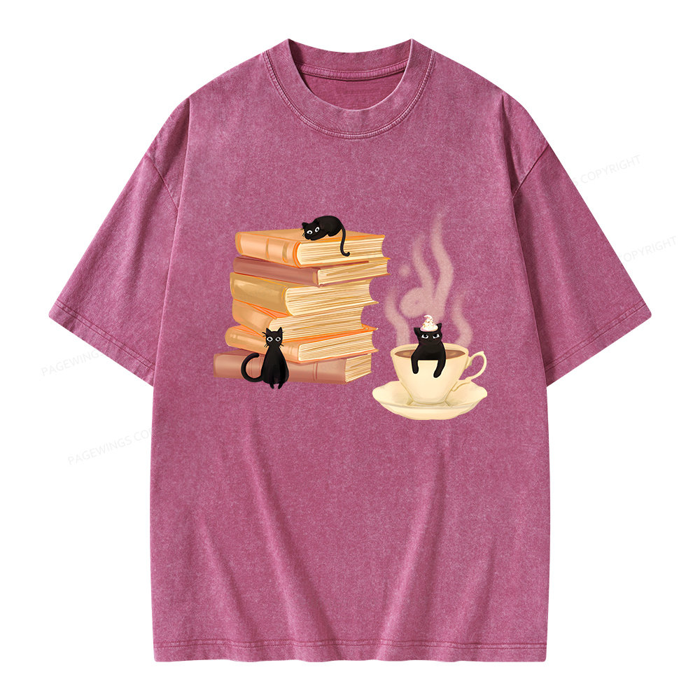 Pagewings Coffee Cats and Books Unisex Washed T-shirt