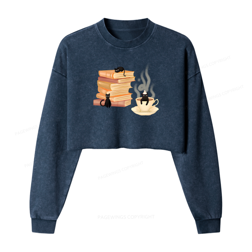 Pagewings Coffee Cats and Books Women Washed Crop Sweatshirt
