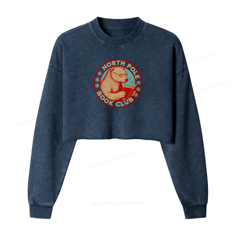 Pagewings North Pole Book Club Women Washed Crop Sweatshirt