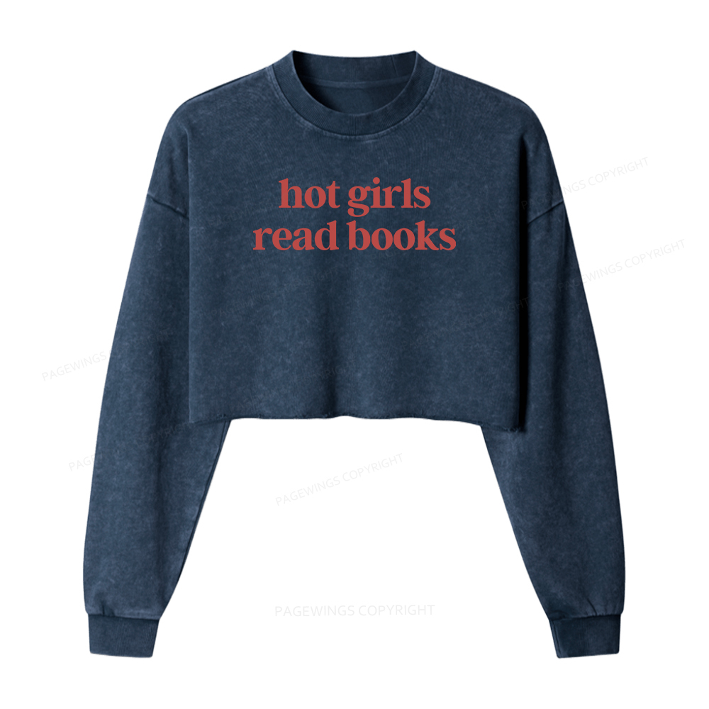 Pagewings Hot Girls Read Books Women Washed Crop Sweatshirt
