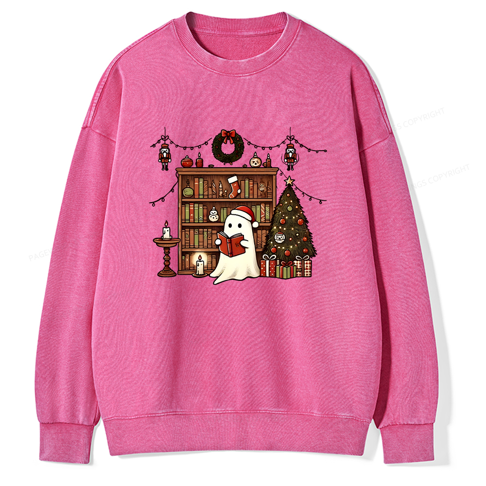 Pagewings Christmas Ghost Book Unisex Washed Sweatshirt