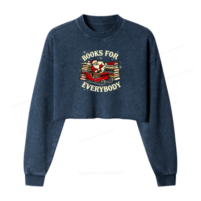 Pagewings Christmas Santa Book Lover Women Washed Crop Sweatshirt