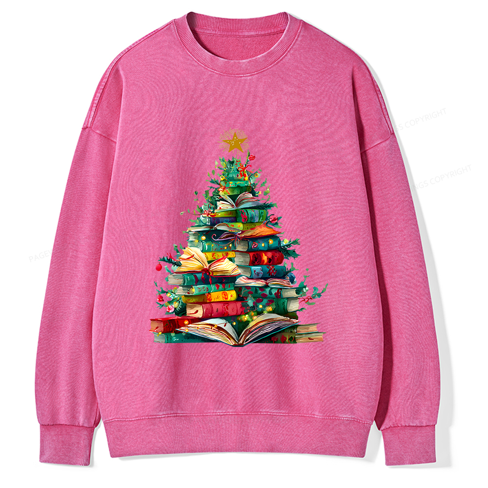 Pagewings Christmas Book Tree Unisex Washed Sweatshirt