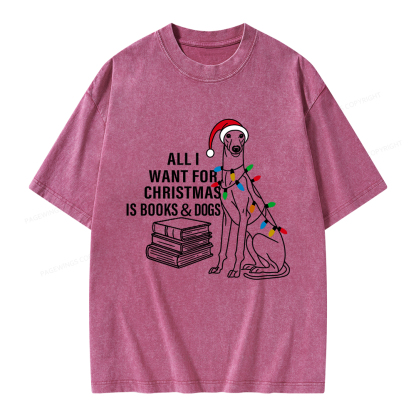 Pagewings All I Want For Christmas Is Books and Dogs Unisex Washed T-shirt