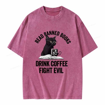 Pagewings Read Books Drink Coffee Fight Evil Shirt Unisex Washed T-shirt